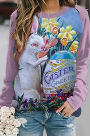 Vintage Easter Greeting Daffodils Bunny Is Painting Colored Egg Printed Sweatshirt