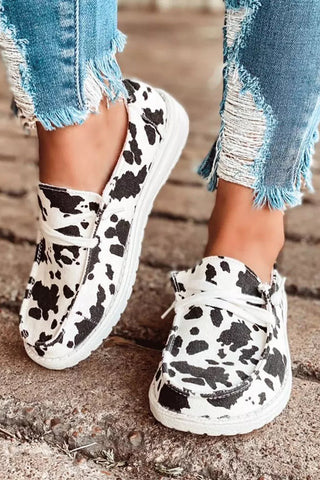 Cow Print Lace Up Slip On Round Toe Flat Sneakers