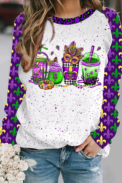 Mardi Gras Coffee Cups Fleur De Lis Leopard Polka Print Sweatshirt