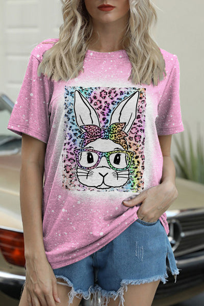 Rainbow Leopard Easter Bunny With Glasses Bleached Print O Neck T-shirt