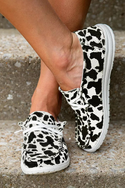 Cow Print Lace Up Slip On Round Toe Flat Sneakers