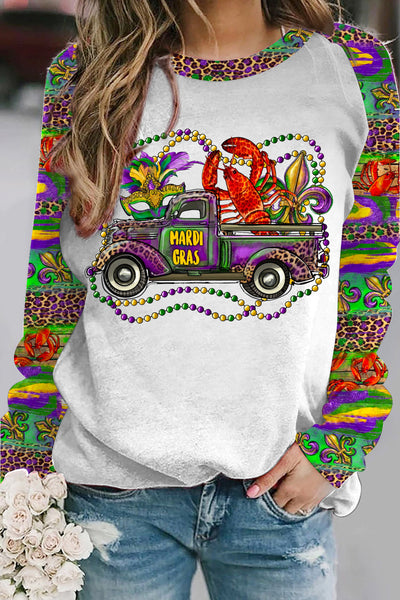 Mardi Gras Truck With Mask Fleur De Lis And Crawfish Western Leopard Print Sweatshirt