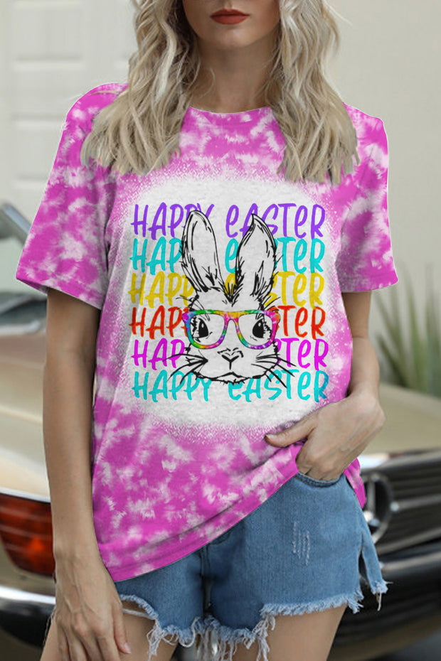 Happy Easter Rainbow Bunny With Glasses Tie Dye Print O Neck T-shirt