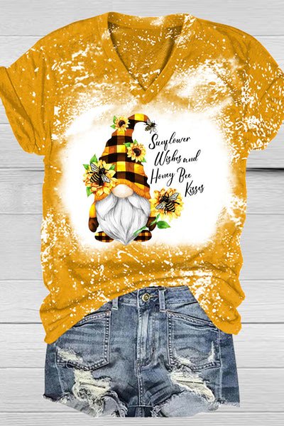Western Gnomes with Bees and Sunflowers Plaid Bleached V-Neck T-Shirt