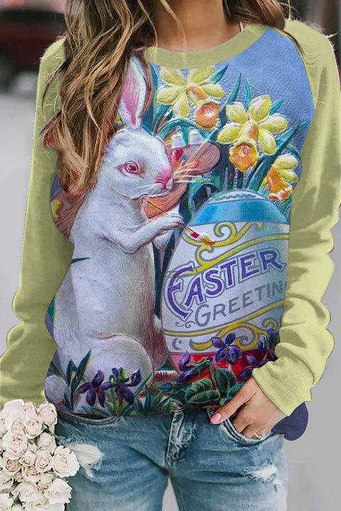 Vintage Easter Greeting Daffodils Bunny Is Painting Colored Egg Printed Sweatshirt