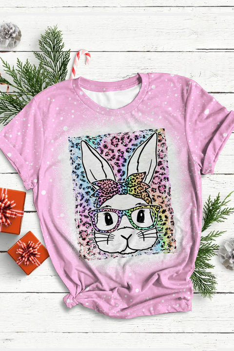 Rainbow Leopard Easter Bunny With Glasses Bleached Print O Neck T-shirt