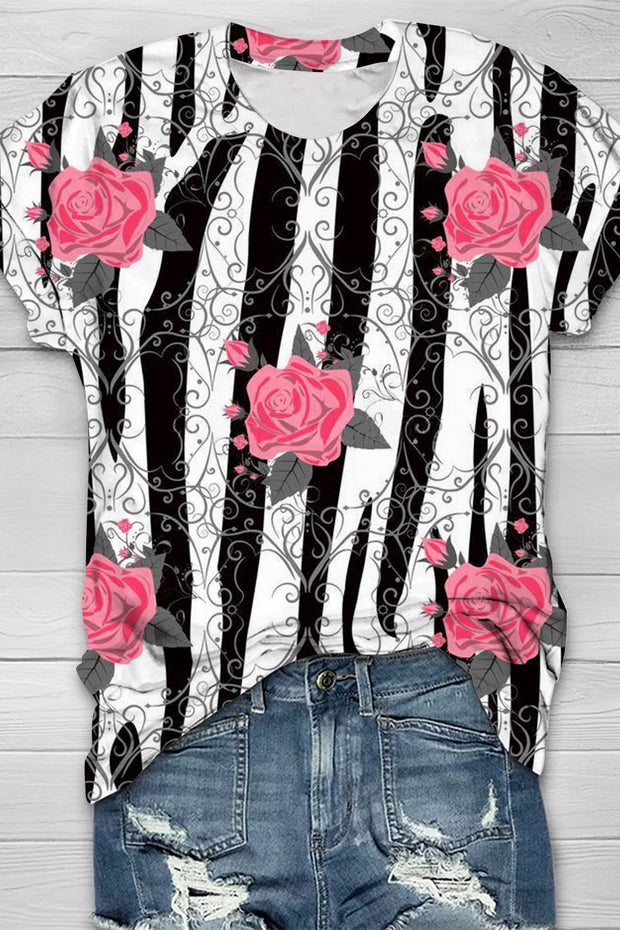 Retro Pink Rose Thorns Zebra Print Round Neck T-shirt Short Sleeve Top