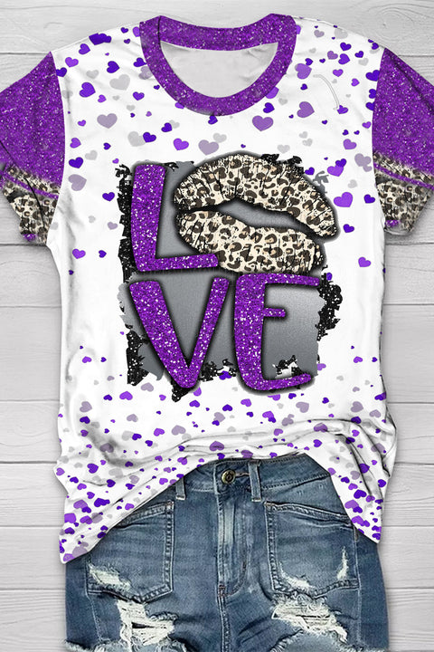 Leopard Print Lips Purple Sequin Love T-shirt