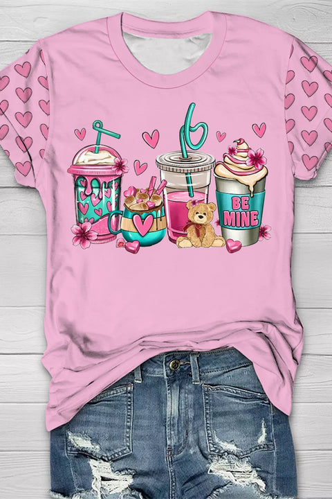 Love Coffee Cups Pink Heart Print T-Shirt