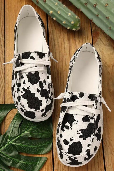 Cow Print Lace Up Slip On Round Toe Flat Sneakers