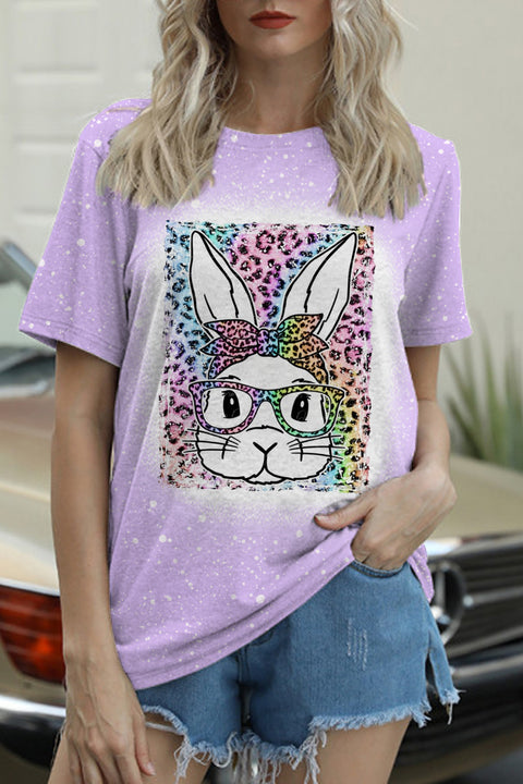 Rainbow Leopard Easter Bunny With Glasses Bleached Print O Neck T-shirt