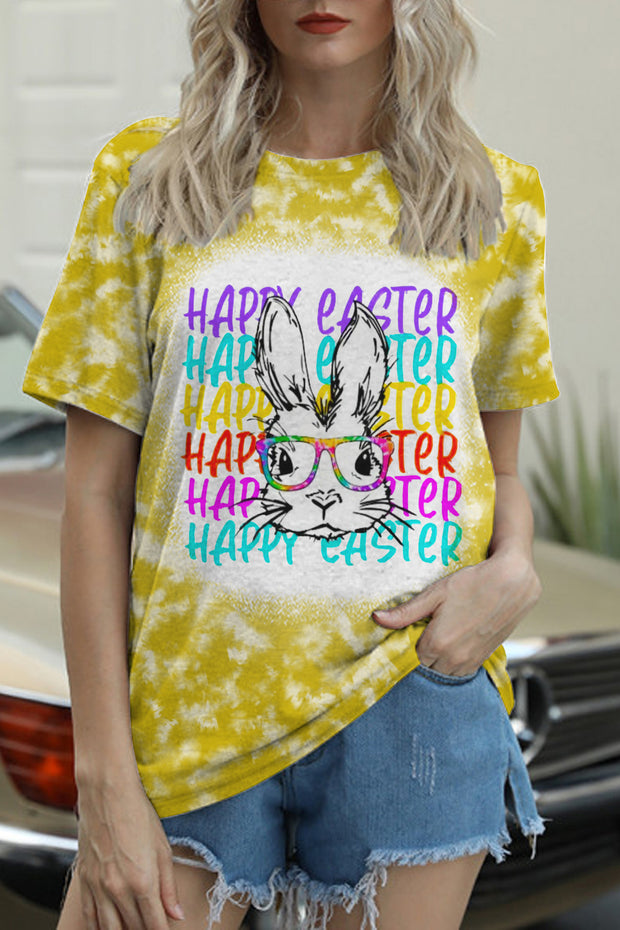 Happy Easter Rainbow Bunny With Glasses Tie Dye Print O Neck T-shirt