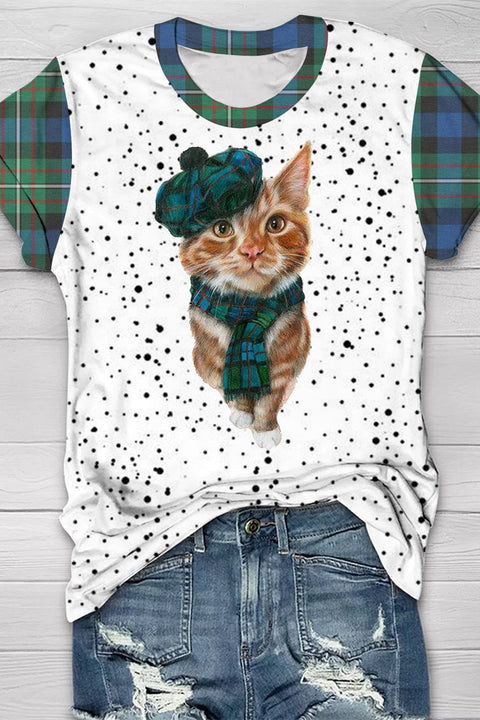 Green Plaid Cute Cat Bleached T-Shirt