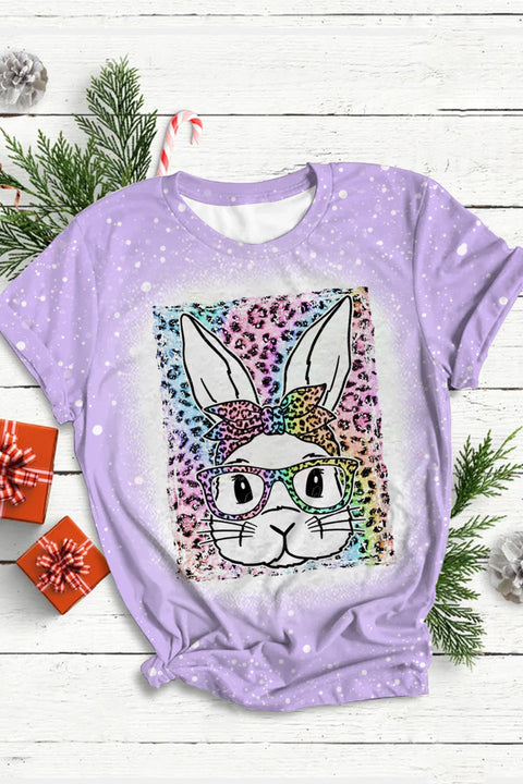 Rainbow Leopard Easter Bunny With Glasses Bleached Print O Neck T-shirt