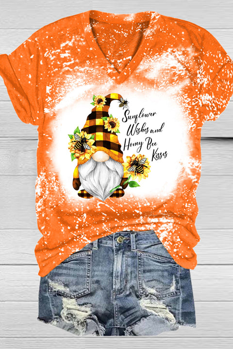 Western Gnomes with Bees and Sunflowers Plaid Bleached V-Neck T-Shirt