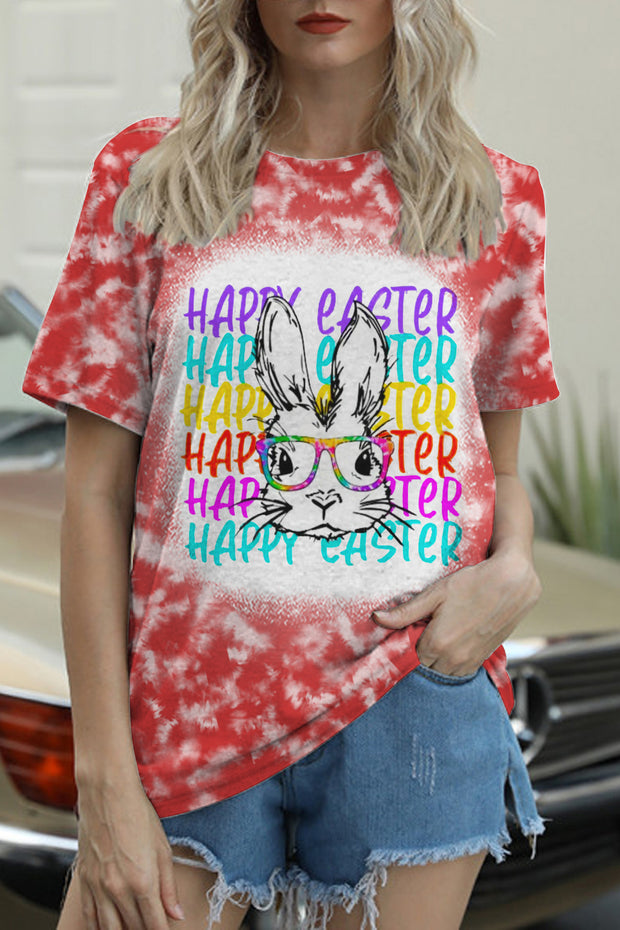 Happy Easter Rainbow Bunny With Glasses Tie Dye Print O Neck T-shirt