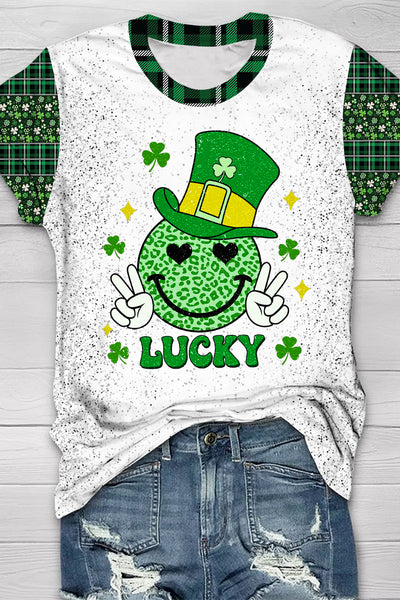 Shamrocks Smiling Face Lucky Happy St Patricks Leopard Glitter Short-sleeved T-shirt Top