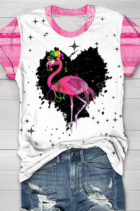 Pink glitter leopard print Mardi Gras Flamingo Short-sleeved T-shirt Top