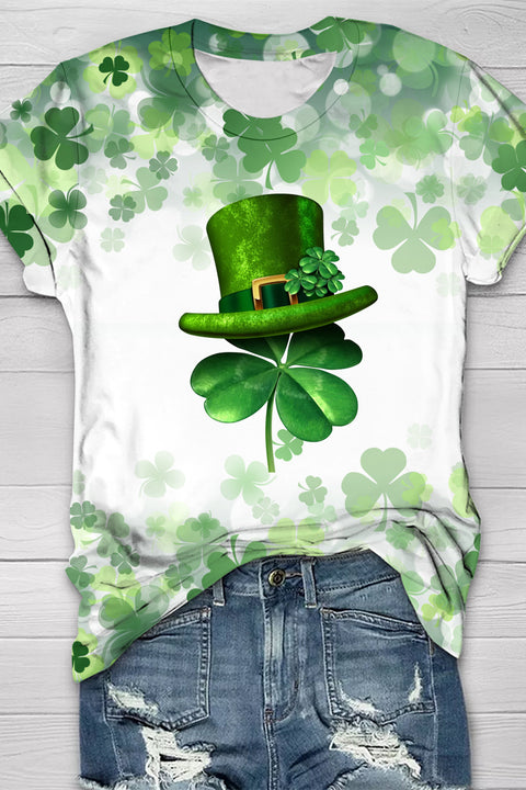 Clover Print Four-Leaf Clover Hat Ink Print Short-Sleeved T-Shirt