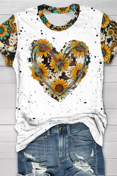 Cowhide Heart And Sunflower Print T-Shirt