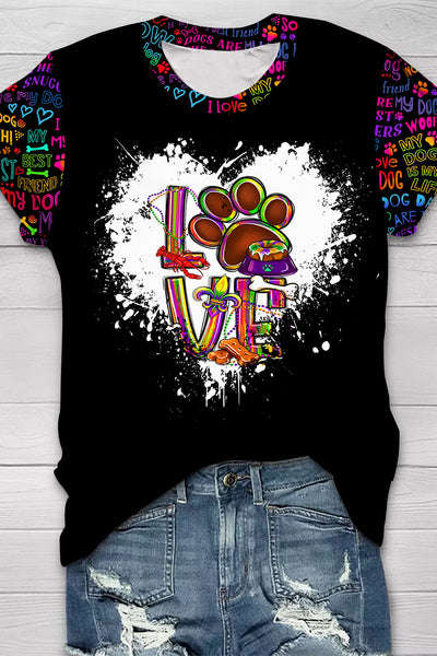 Mardi Gras Love Dog Colorful Pattern Short-sleeved T-shirt Top