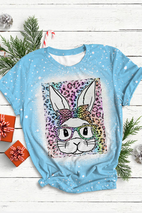 Rainbow Leopard Easter Bunny With Glasses Bleached Print O Neck T-shirt