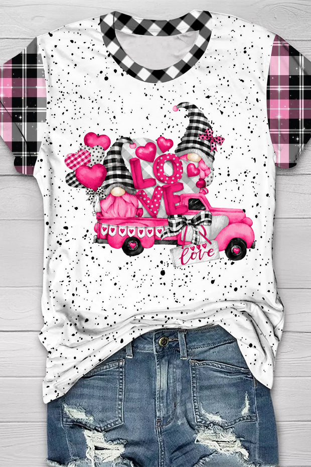 Gnomes Love Truck Heart-Shaped Balloons Plaid Polka Print T-Shirt