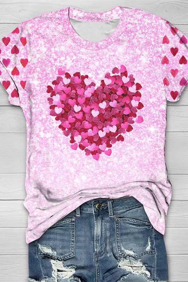 Valentine's Day Pink Glitter Heart Short-sleeved T-shirt Top