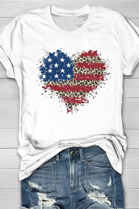 American Flag Heart Leopard Round Neck Shift Casual T-Shirt