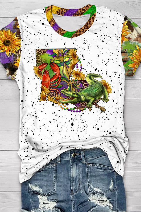 Louisiana Map With Mardi Gras Crocodile Crawfish Western Sunflower Leopard Print T-Shirt