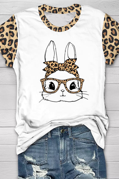 Cute Bunny With Leopard Bandana And Glasses Print Short Sleeve T-shirt