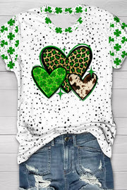 St. Patrick's Four Leaf Shamrock Leopard Cowhide Hearts Print T-shirt