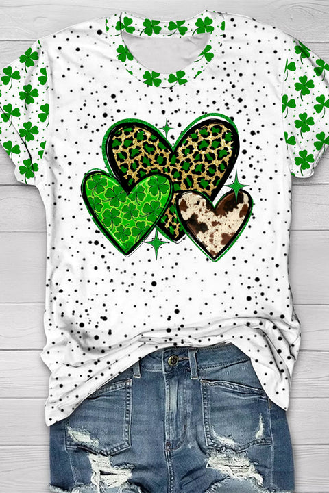 St. Patrick's Four Leaf Shamrock Leopard Cowhide Hearts Print T-shirt