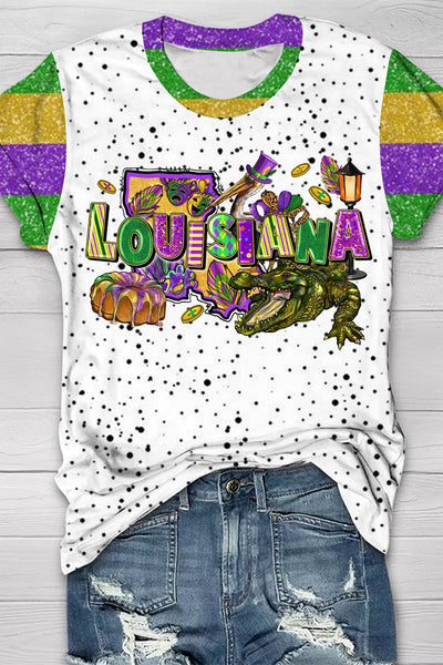 Happy Louisiana Mardi Gras Dinosaurs Round Neck Short Sleeve T-shirt
