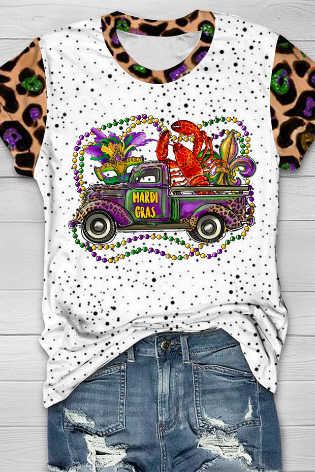 Mardi Gras Crawish Boil Beads Fleur De Lis Round Neck Short Sleeve T-shirt