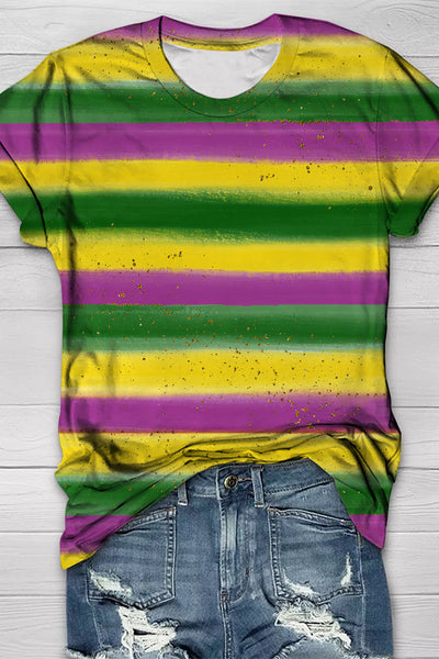 Vintage Mardi Gras Carnival Purple Green And Gold Splash Color Block Print Round Neck Short Sleeve T-shirt