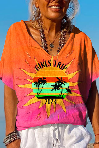 Vacation 2023 Palm Tree Summer Family  Besties Holiday Girl Trip Dolman Sleeves Tee