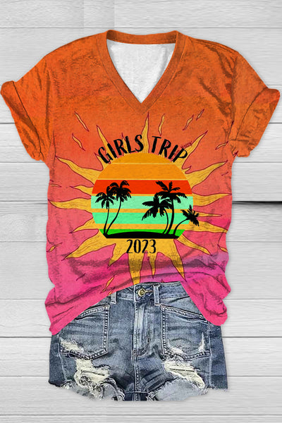Vacation 2023 Palm Tree Summer Family  Besties Holiday Girl Trip V Neck T-shirt