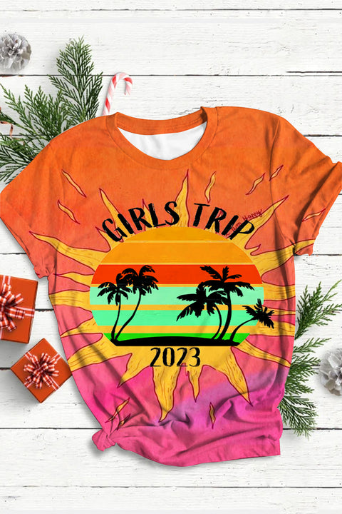 Vacation 2023 Palm Tree Summer Family  Besties Holiday Girl Trip Round Neck Short Sleeve T-shirt