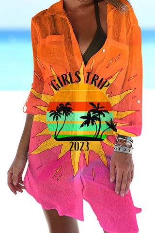 Vacation 2023 Palm Tree Summer Family  Besties Holiday Girl Trip Printed Patch Front Pockets Shirt
