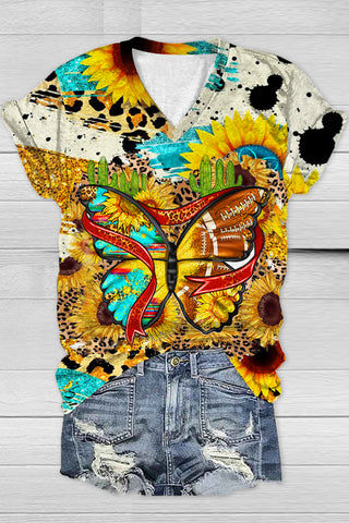 Sunflower Butterfly Vintage Leopard Rugby Pattern V Neck T-shirt