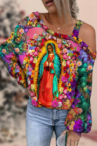Easter Christianity Tie Dye Floral Our Lady of Mary Off-Shoulder Blouse