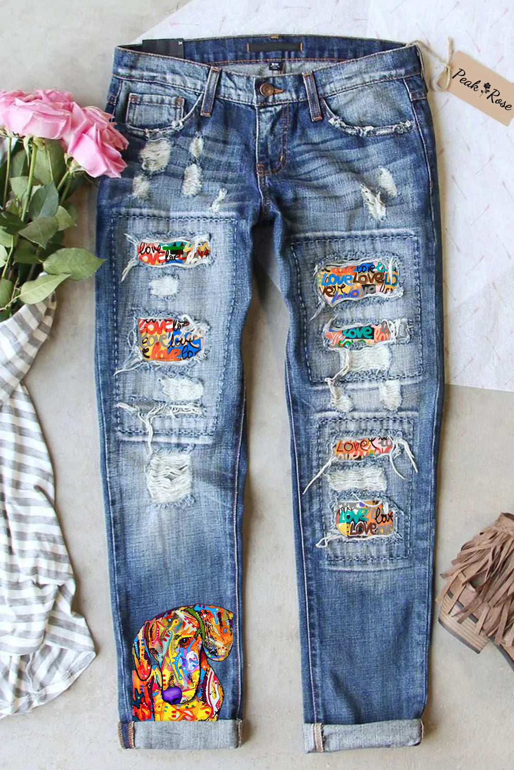 Beloved Dog Vintage Oil Painting Abstract Cute Style Ripped Denim Jeans