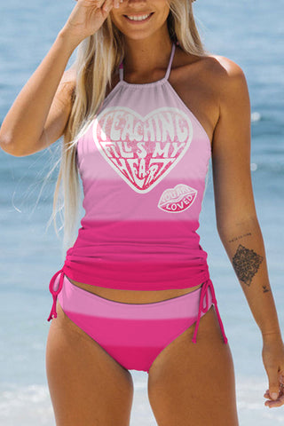 Pink Gradient Layer Love Print Halter Swimsuit