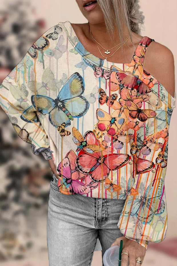 Butterflies Pink Off-shoulder Blouse