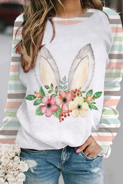 Easter Day Pink Floral Bunny Stripe Sweatshirt