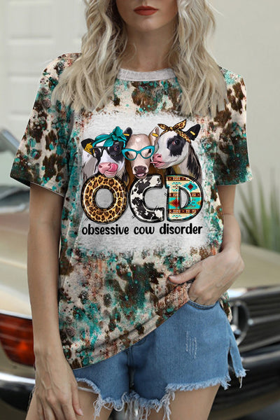 OCD Obsessive Cow Disorder Western Leopard Print Round Neck T-shirt