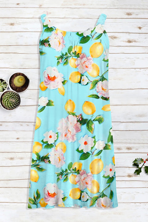 Spring Floral Lemon Print Sleeveless Dress