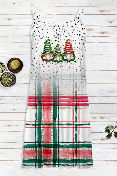Christmas Gnomes Print Polka Dots Plaid Sleeveless Dress