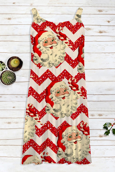 Red Christmas Santa Print Wavy Stripes Sleeveless Dress